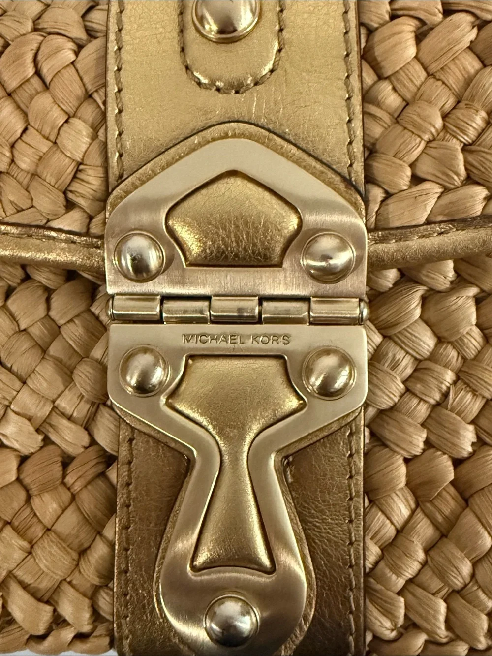 Michael Kors Santorini Woven Straw Clutch Gold Chain Shoulder Bag